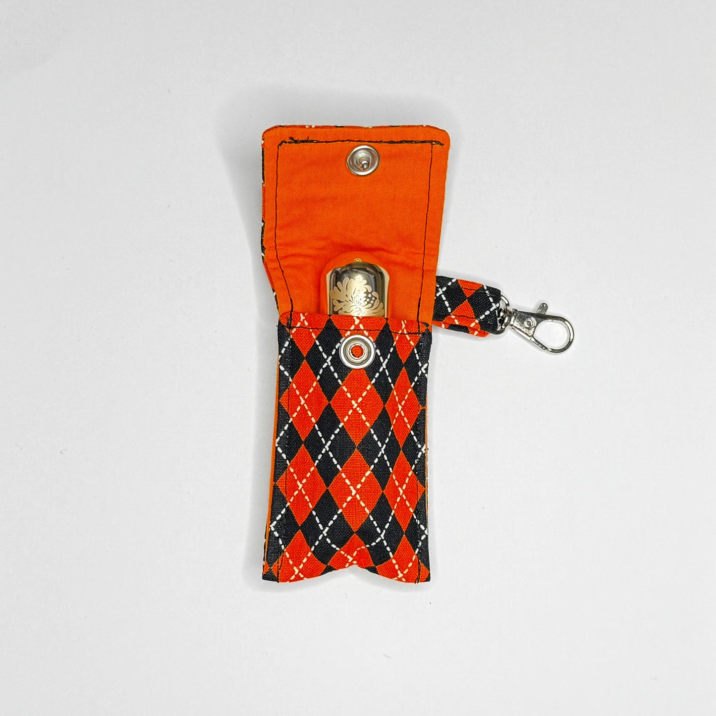 Orange and Black Harlequin Argyle Lipstick & Lip Balm Keychain Holder