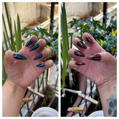 Get ready for "The Grid" with these stunning, glow in the dark press-on nails. Featuring a black base and red grid design with a glossy finish. Each set is a miniature work of art, meticulously designed and hand-painted, adding a unique flair to any occasion. No time for salon appointments? Say hello to instant glamour that’s ready whenever you are. Our durable, high-quality press-ons offer a flawless, comfortable fit and are designed to last.&nbsp;