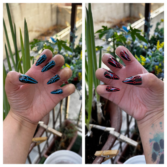Get ready for "The Grid" with these stunning, glow in the dark press-on nails. Featuring a black base and red grid design with a glossy finish. Each set is a miniature work of art, meticulously designed and hand-painted, adding a unique flair to any occasion. No time for salon appointments? Say hello to instant glamour that’s ready whenever you are. Our durable, high-quality press-ons offer a flawless, comfortable fit and are designed to last.&nbsp;