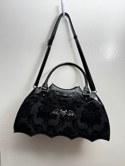 Rock Rebel Black Damask Bat Wing Handbag Purse Gothic Horror