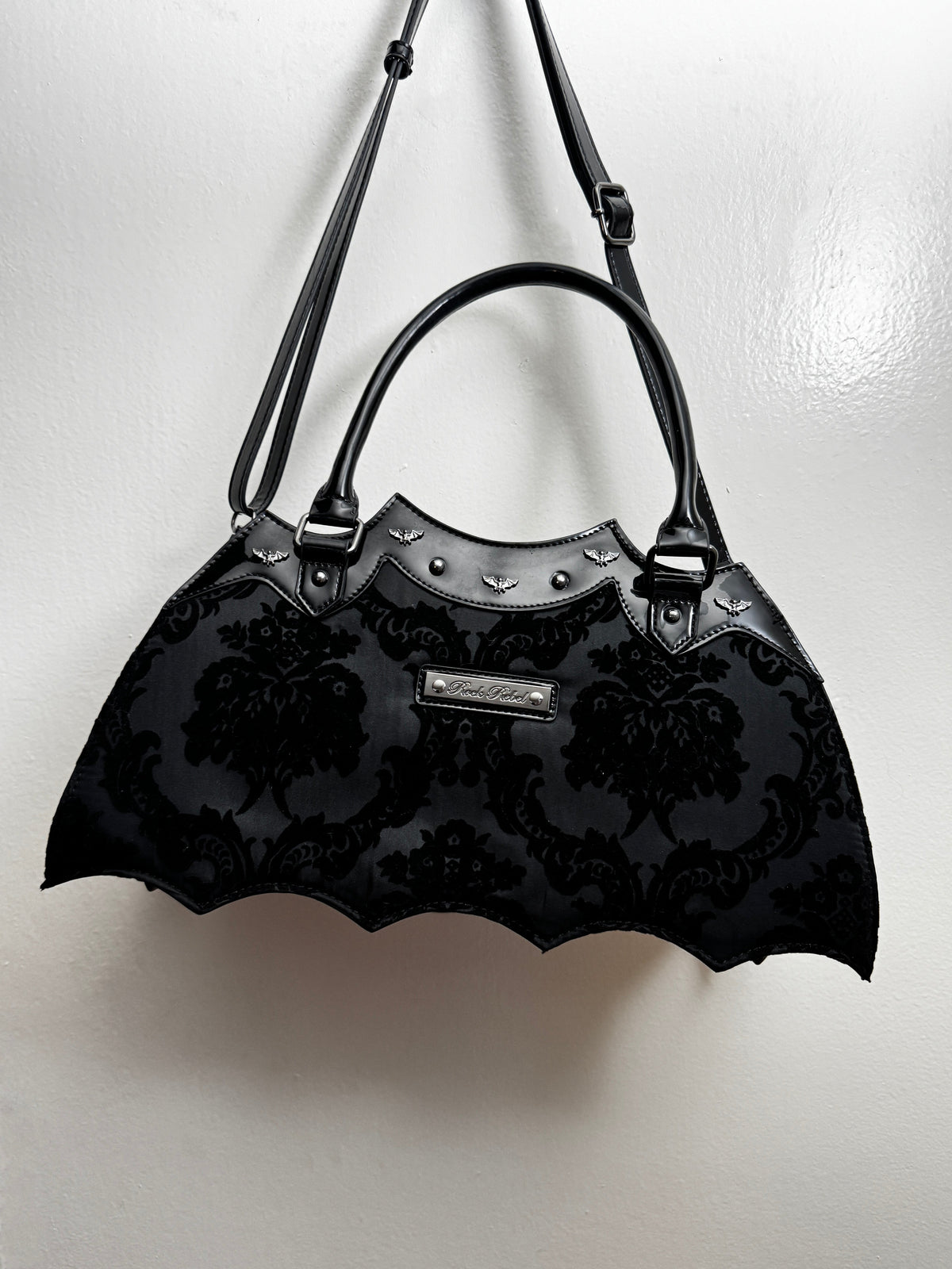 Rock Rebel Black Damask Bat Wing Handbag Purse Gothic Horror