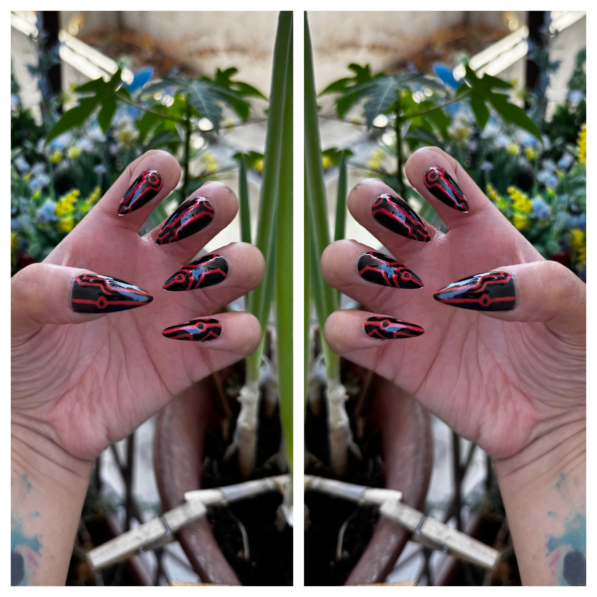 Get ready for "The Grid" with these stunning, glow in the dark press-on nails. Featuring a black base and red grid design with a glossy finish. Each set is a miniature work of art, meticulously designed and hand-painted, adding a unique flair to any occasion. No time for salon appointments? Say hello to instant glamour that’s ready whenever you are. Our durable, high-quality press-ons offer a flawless, comfortable fit and are designed to last.&nbsp;