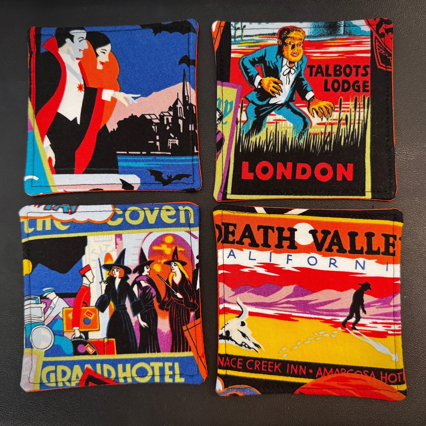 Add a touch of retro macabre and cinematic dark fantasy to your home decor. This set of 4 handmade fabric coasters features vibrant, vintage-inspired pulp horror illustrations, capturing the classic aesthetic of gothic romance, vintage horror novels, and eerie travel advertisements.
