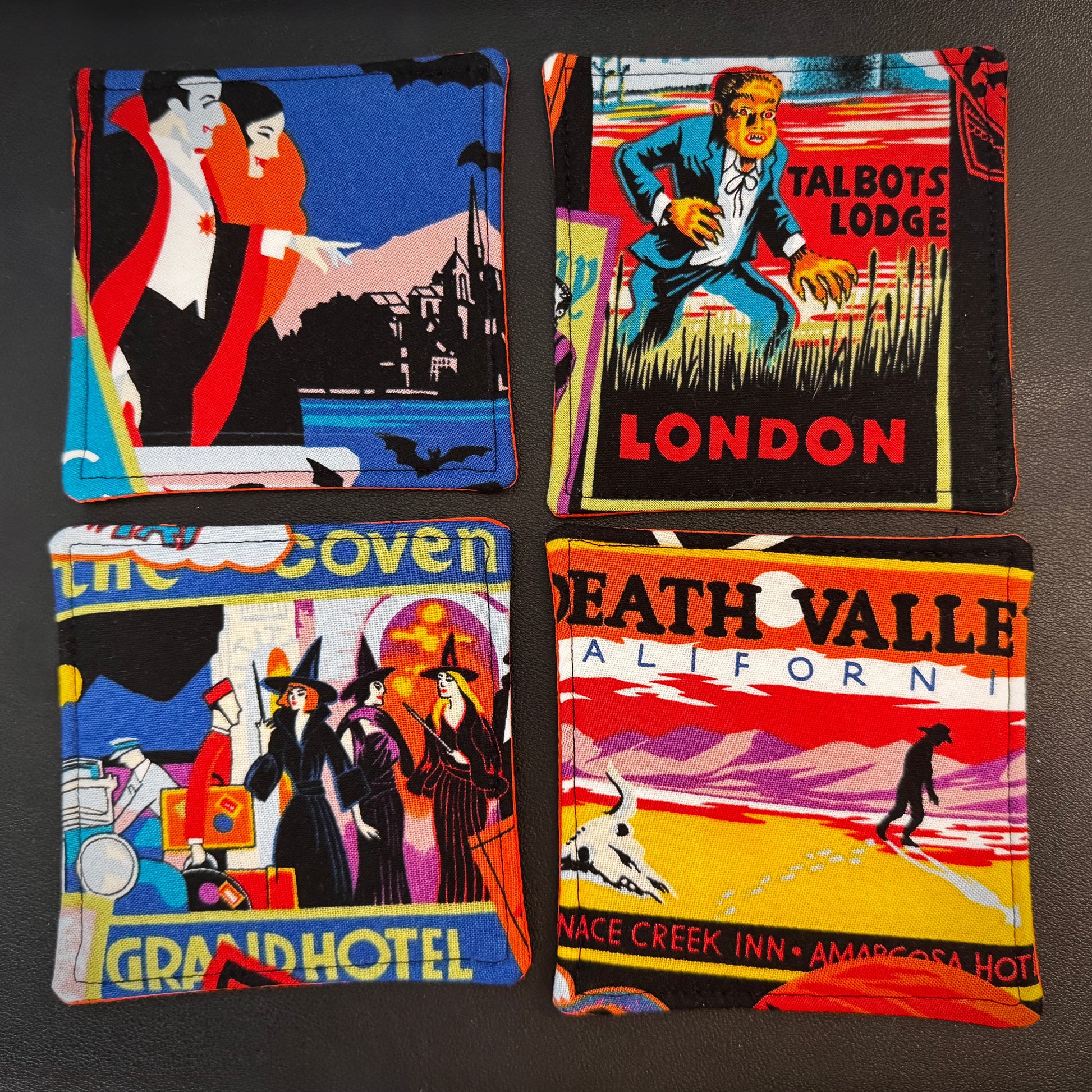 Add a touch of retro macabre and cinematic dark fantasy to your home decor. This set of 4 handmade fabric coasters features vibrant, vintage-inspired pulp horror illustrations, capturing the classic aesthetic of gothic romance, vintage horror novels, and eerie travel advertisements.