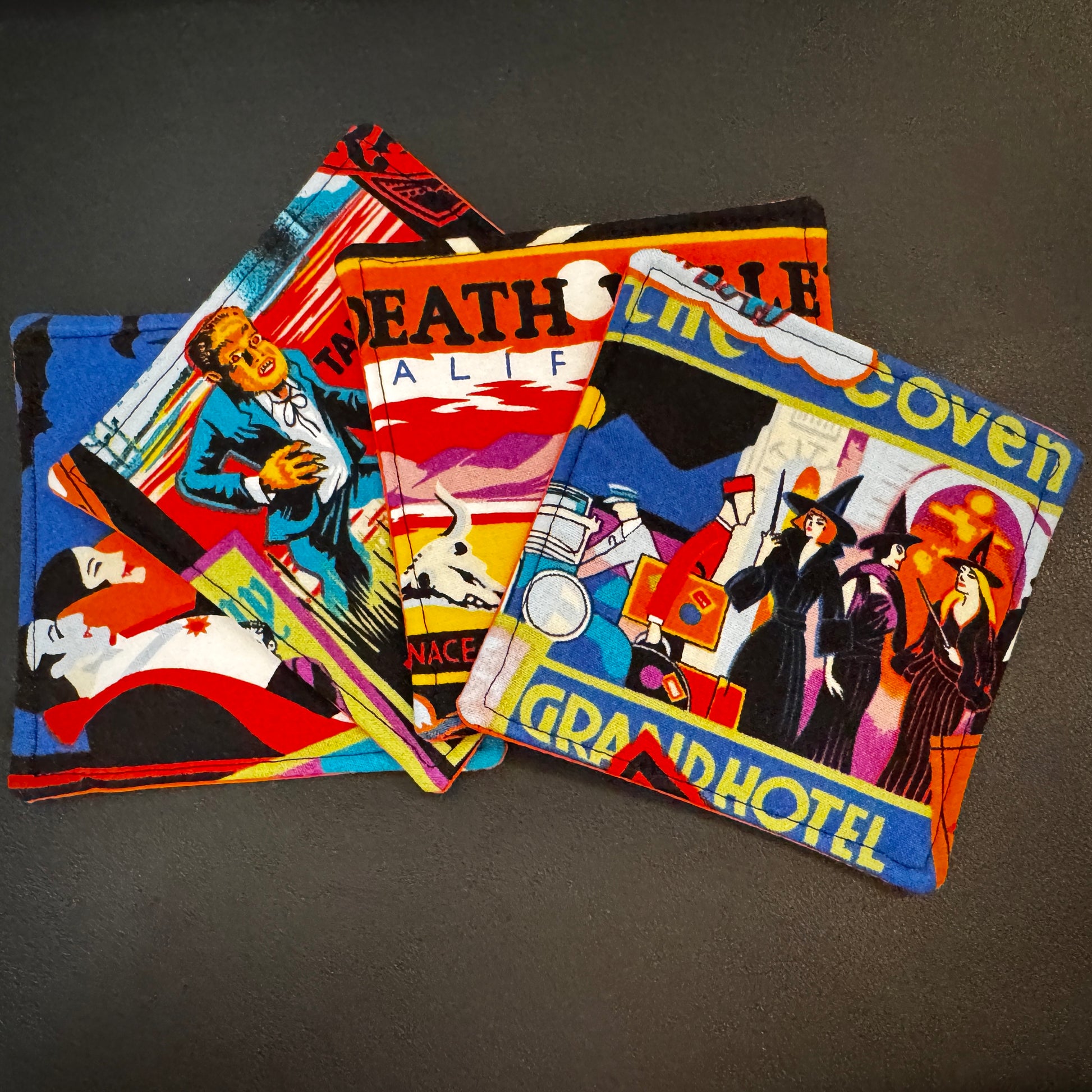 Add a touch of retro macabre and cinematic dark fantasy to your home decor. This set of 4 handmade fabric coasters features vibrant, vintage-inspired pulp horror illustrations, capturing the classic aesthetic of gothic romance, vintage horror novels, and eerie travel advertisements.