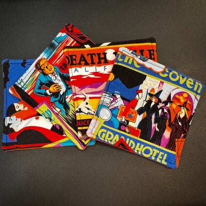 Add a touch of retro macabre and cinematic dark fantasy to your home decor. This set of 4 handmade fabric coasters features vibrant, vintage-inspired pulp horror illustrations, capturing the classic aesthetic of gothic romance, vintage horror novels, and eerie travel advertisements.
