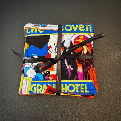 Add a touch of retro macabre and cinematic dark fantasy to your home decor. This set of 4 handmade fabric coasters features vibrant, vintage-inspired pulp horror illustrations, capturing the classic aesthetic of gothic romance, vintage horror novels, and eerie travel advertisements.