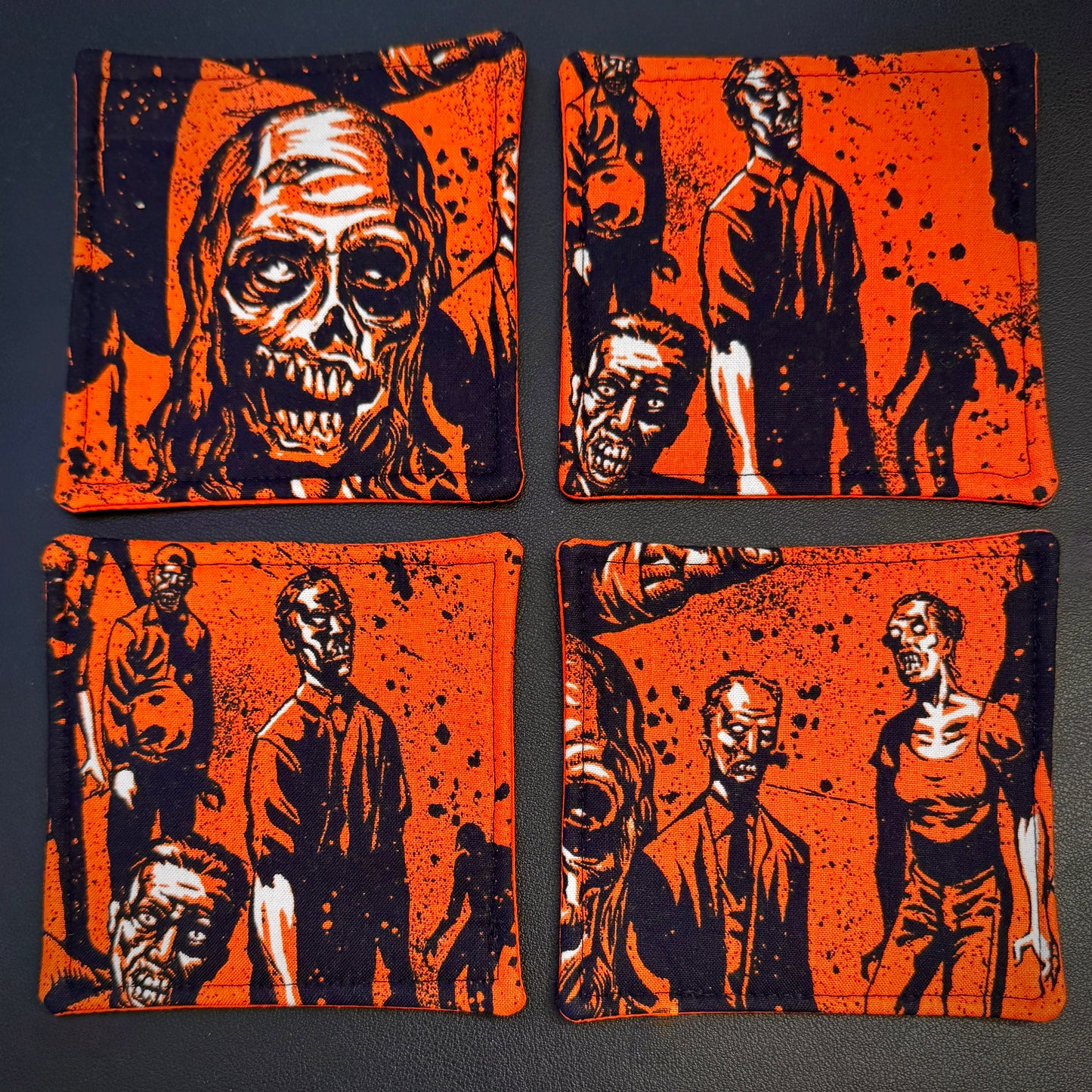 Summon the undead to your living space with this striking set of 4 handmade cotton coasters, inspired by classic B-movie horror and zombie comics. This set brings a bold, high-contrast alternative aesthetic to your surfaces.