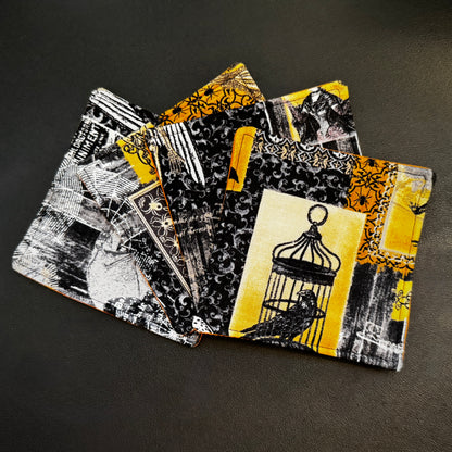 Step into a world of dark elegance and antiquarian intrigue with this stunning set of 4 handmade cotton coasters. Seamlessly blending a Victorian gothic aesthetic with classic macabre elements, these unique drink mats bring an air of sophisticated, dark fantasy storytelling to your home decor.