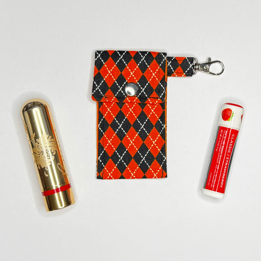 Orange and Black Harlequin Argyle Lipstick & Lip Balm Keychain Holder