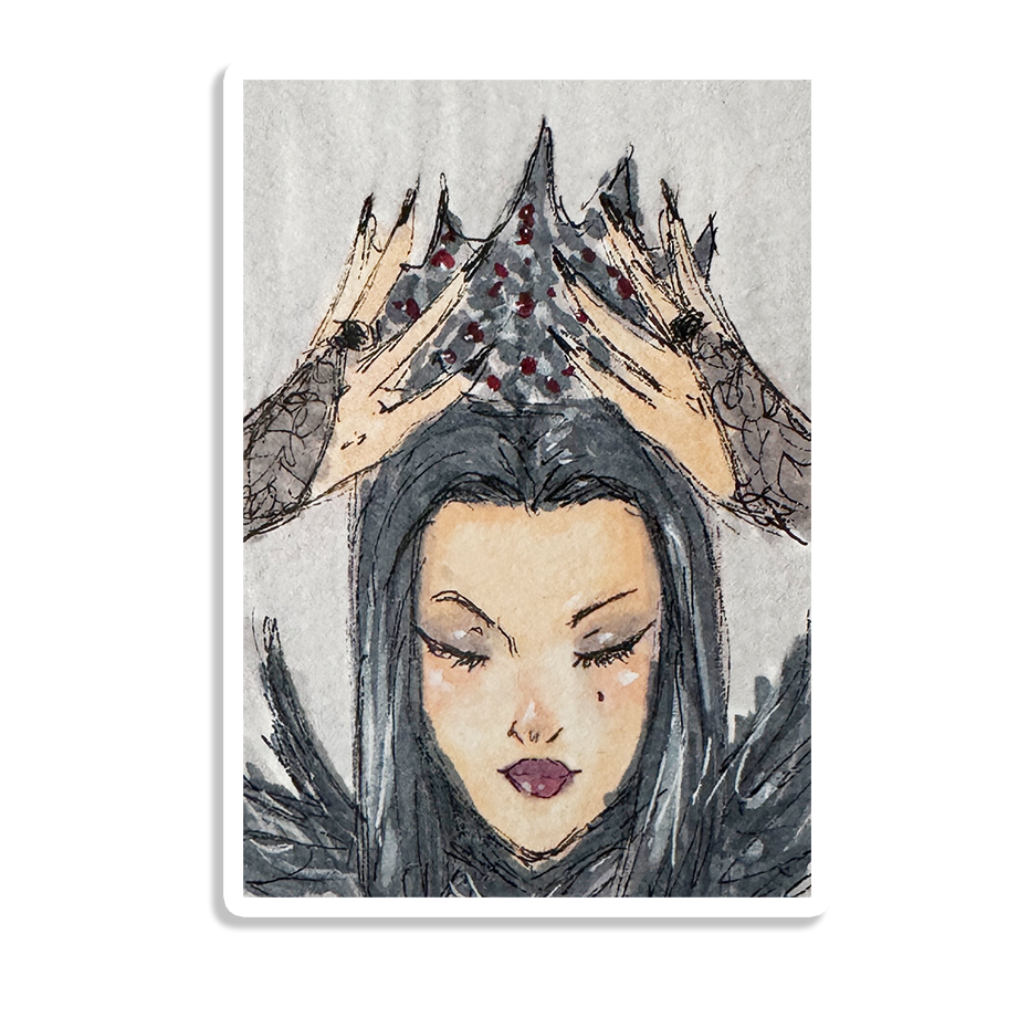 Bring custom charm to your favorite everyday items with these vibrant handmade protected stickers, featuring an original Queen of Darkness character theme.