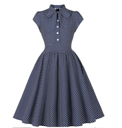 Wellwits - Large - Vintage Inspired - Navy Blue and White Polka Dot Swing Dress