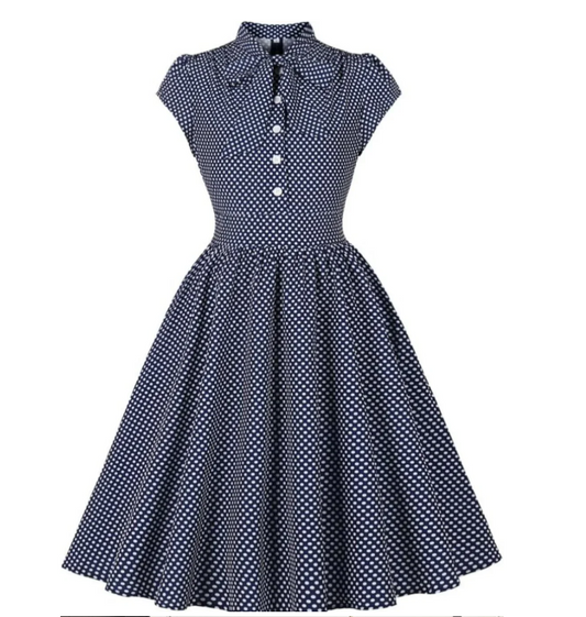 Wellwits - Large - Vintage Inspired - Navy Blue and White Polka Dot Swing Dress