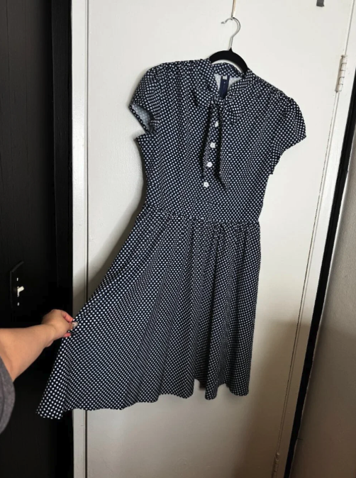 Wellwits - Large - Vintage Inspired - Navy Blue and White Polka Dot Swing Dress