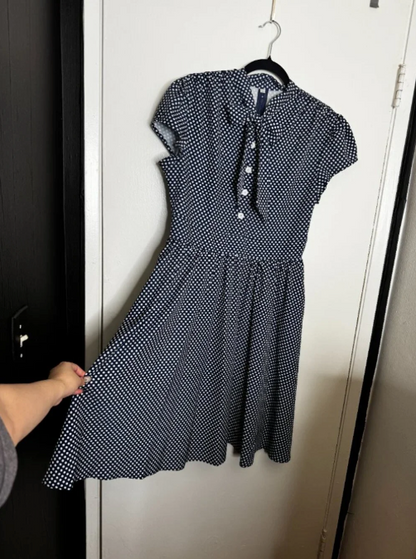 Wellwits - Large - Vintage Inspired - Navy Blue and White Polka Dot Swing Dress