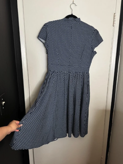 Wellwits - Large - Vintage Inspired - Navy Blue and White Polka Dot Swing Dress