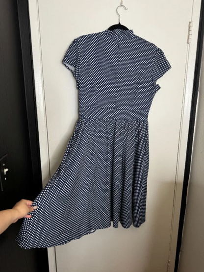 Wellwits - Large - Vintage Inspired - Navy Blue and White Polka Dot Swing Dress