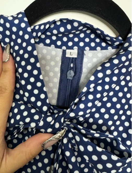 Wellwits - Large - Vintage Inspired - Navy Blue and White Polka Dot Swing Dress