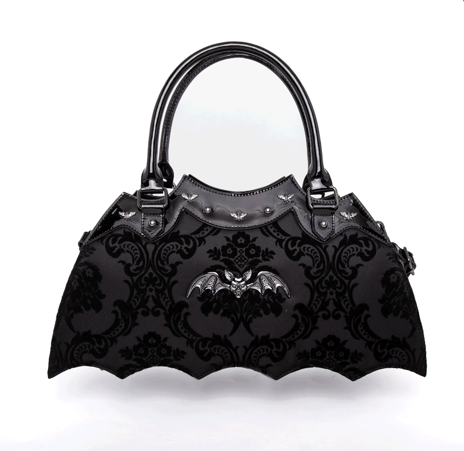 Rock Rebel Black Damask Bat Wing Handbag Purse Gothic Horror